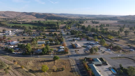 aerial: drone of gundagai south and the highway service centre off the hume highway, nsw, australia