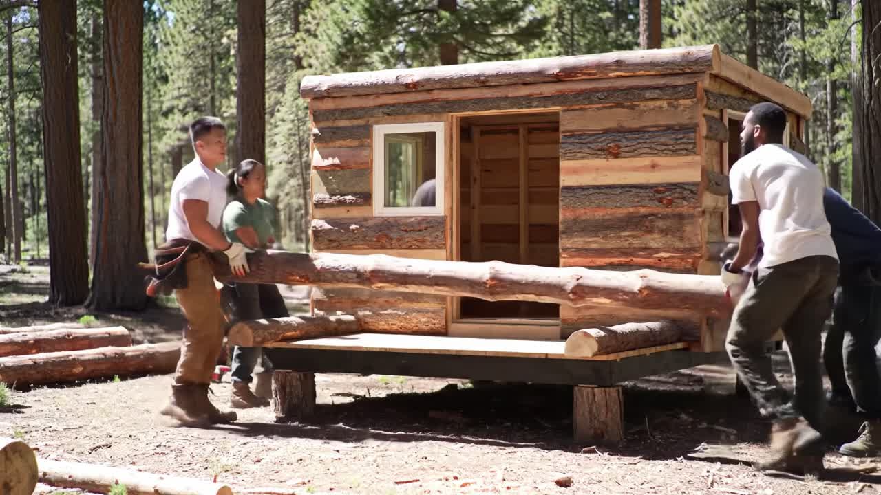 A group of individuals collaborates to construct a rustic log cabin in a forest setting. They carefully maneuver wooden logs into place, showcasing teamwork and craftsmanship in nature.