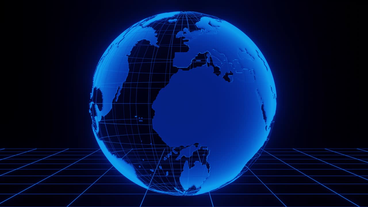 Wire frame Earth rotates on a wire frame flat surface in space. 3D rendered seamless animation in loop.