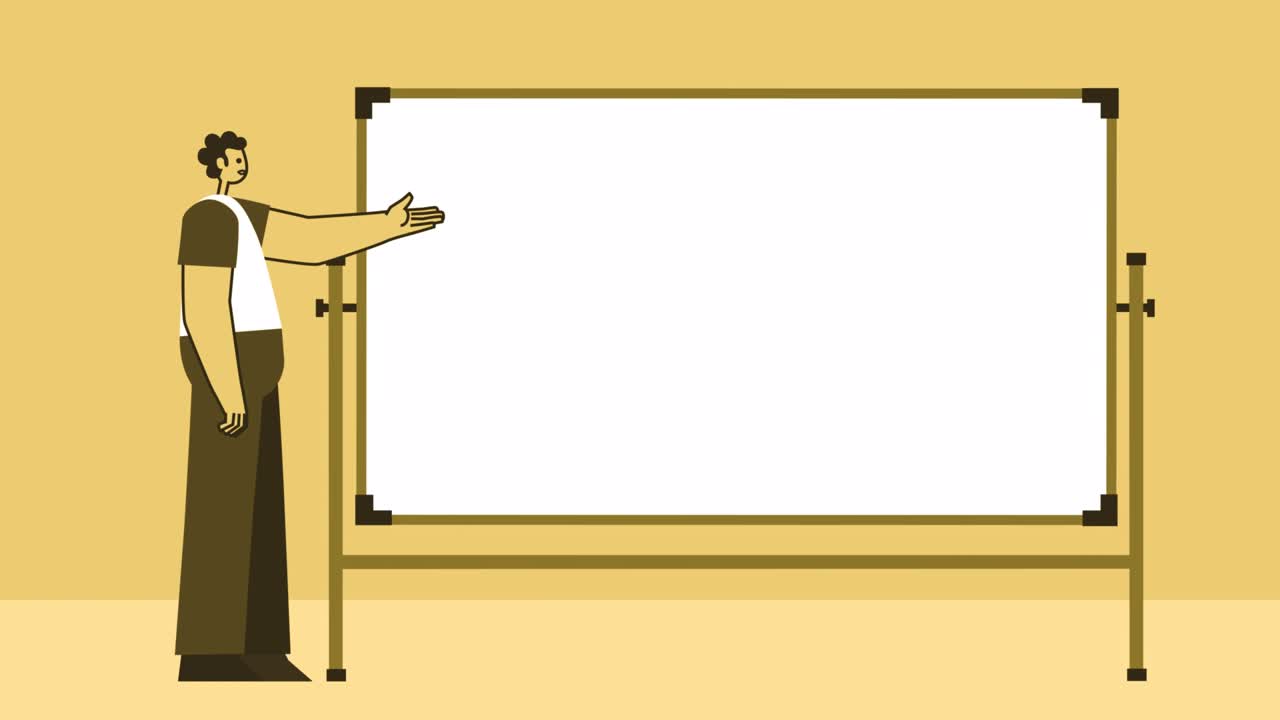 estilo hombre amarillo altavoz de carácter plano cerca del tablero blanco. animación de bucle aislado con canal alfa