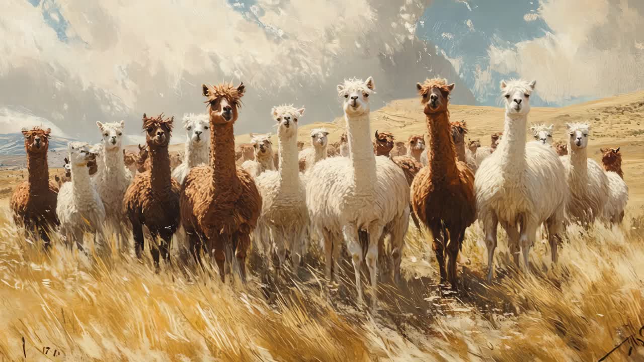 고지대 풍경 에 있는 알파카 무리