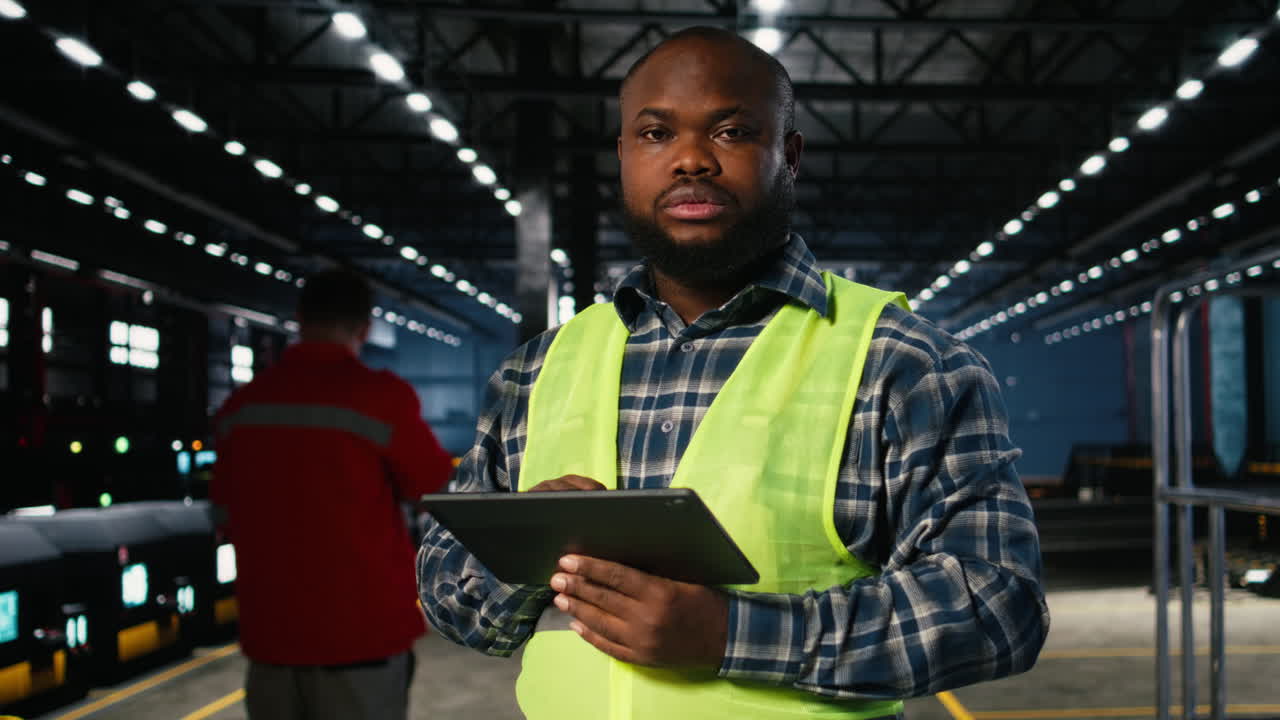 Black industrial employee works beside welding sparks on the factory floor