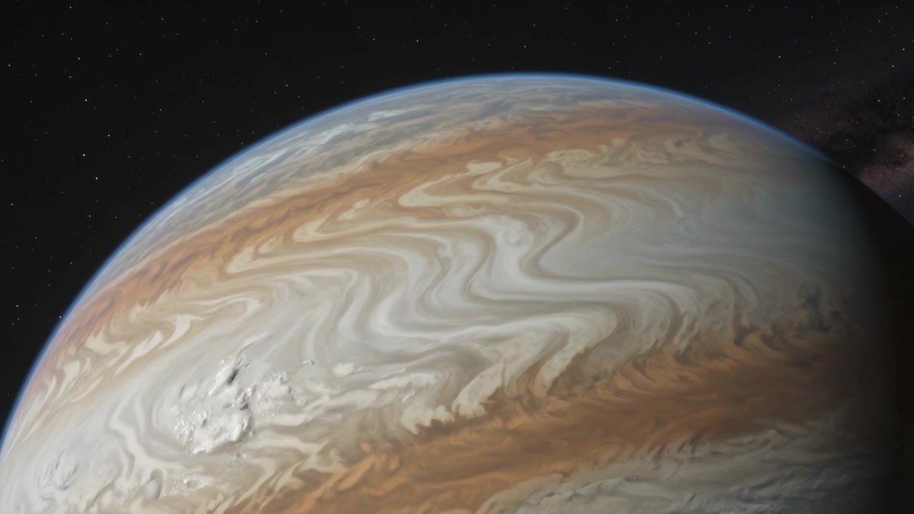 Camera approaching gas-giant planet over starfield, revealing bright white storm and bluish limb