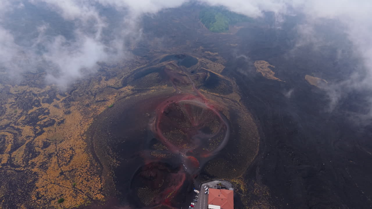 Aerial view of Mt. Etna's craters in Sicily, showcasing volcanic beauty