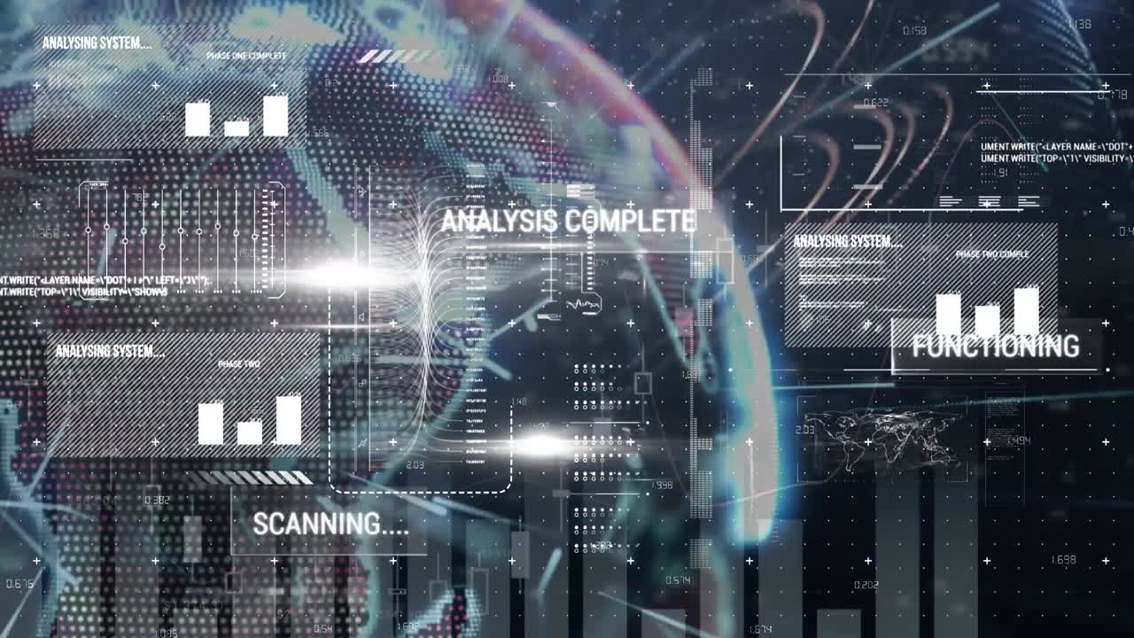 파란색 배경에 대해 회전하는 지구상에서 데이터 처리를 하는 디지털 인터페이스의 애니메이션