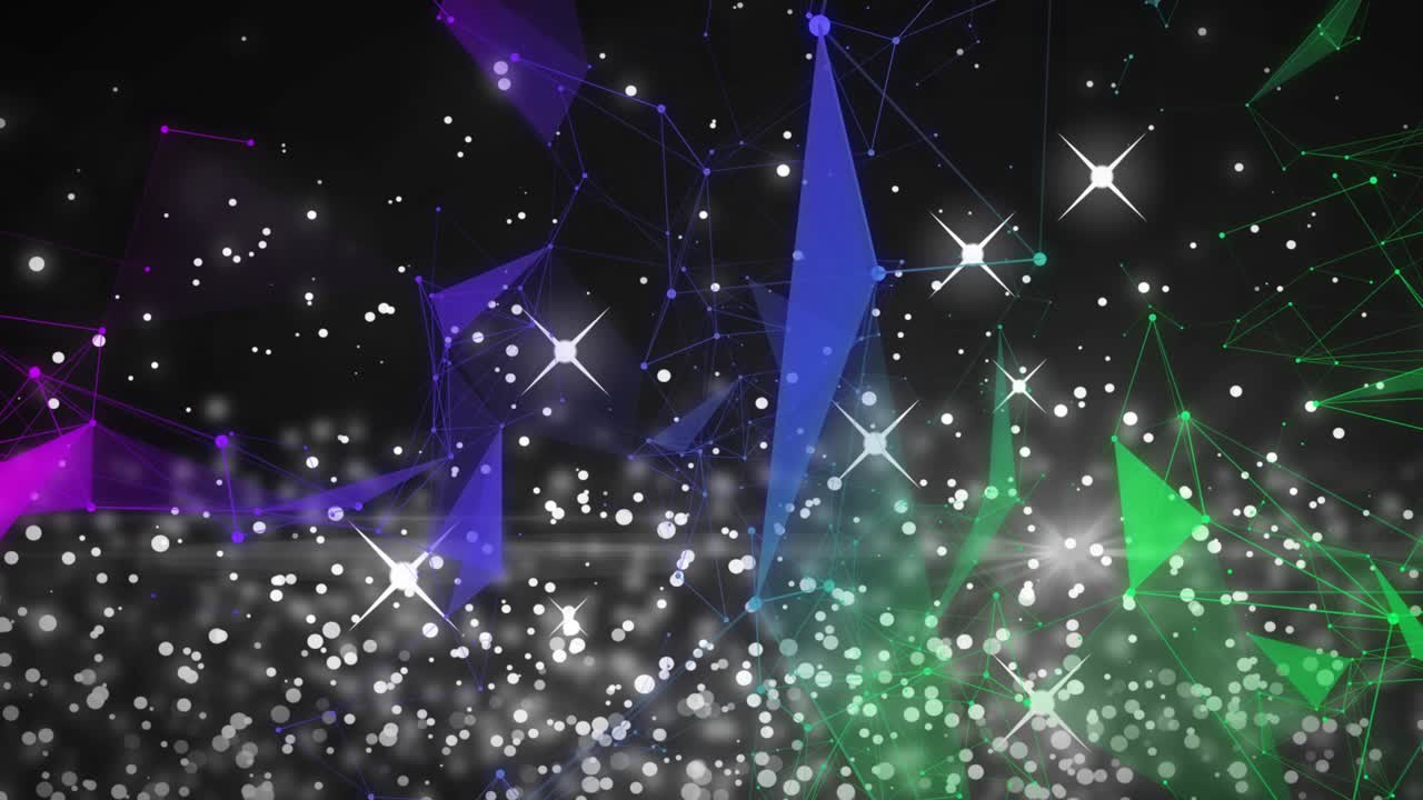 After initial shimmer polygonal clusters drifting with particles pulsing showing network evolution