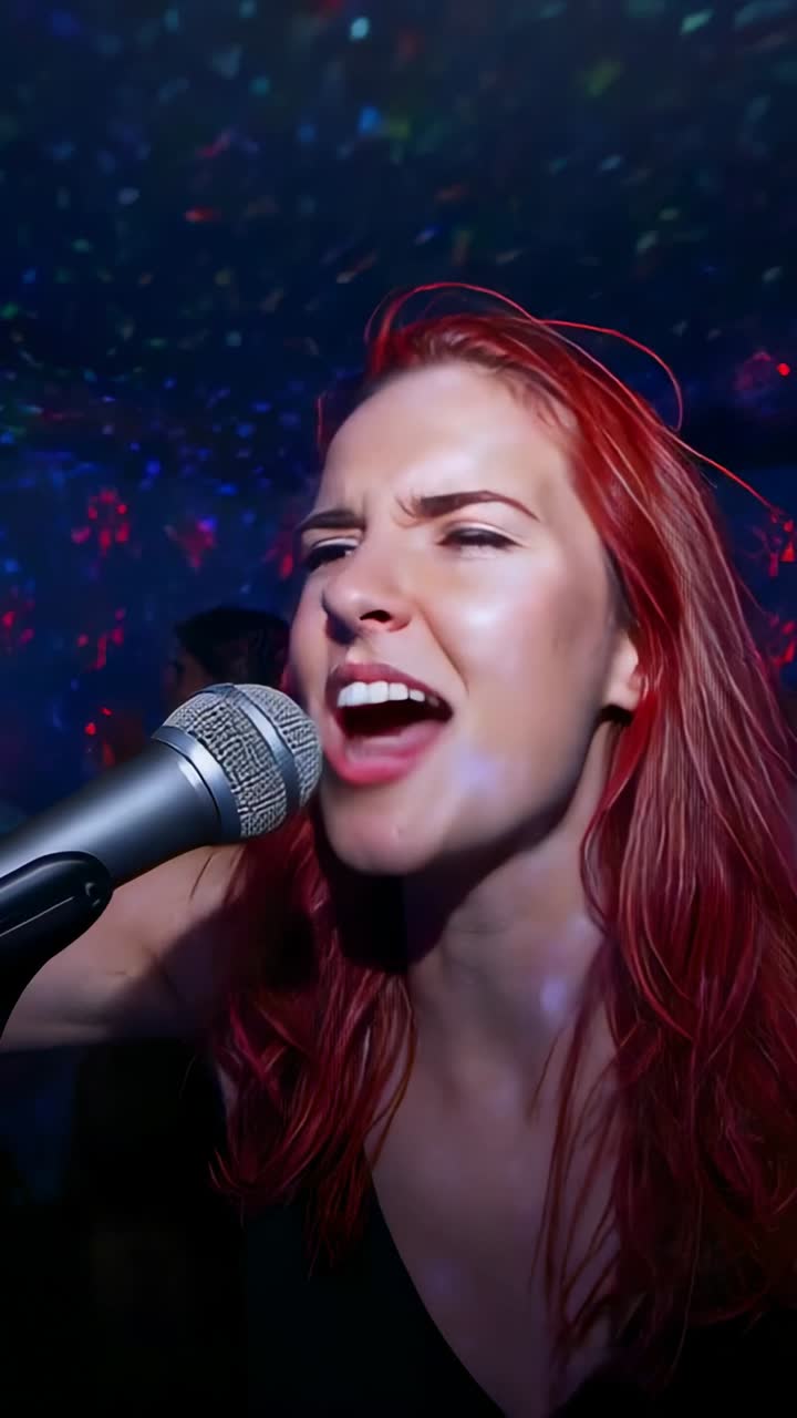 Vertical video: Music cue singing woman in dark top leaning into mic at bar performing with lasers