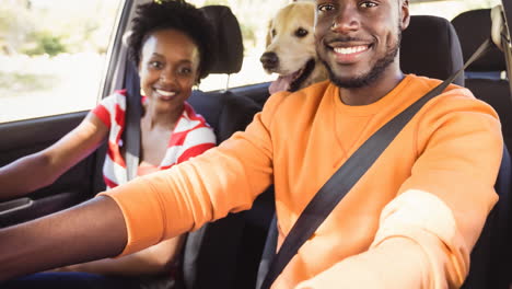 happy african american couple in car with their pet dog on backseat