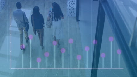 walking in corridor, two women with data analysis animation over them