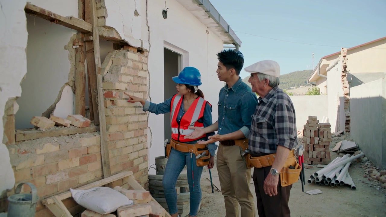 Notando una squadra di esperti che valuta la muratura all'esterno di una casa, con cappelli blu e cinture portautensili, spazio per il testo