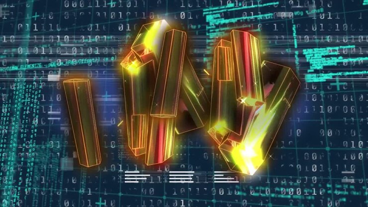 Animation of glowing yellow blocks rotating over data processing on navy background
