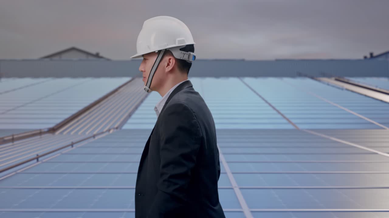 Vista lateral de empresario asiático sosteniendo un plano mientras camina en una azotea industrial con paneles solares.