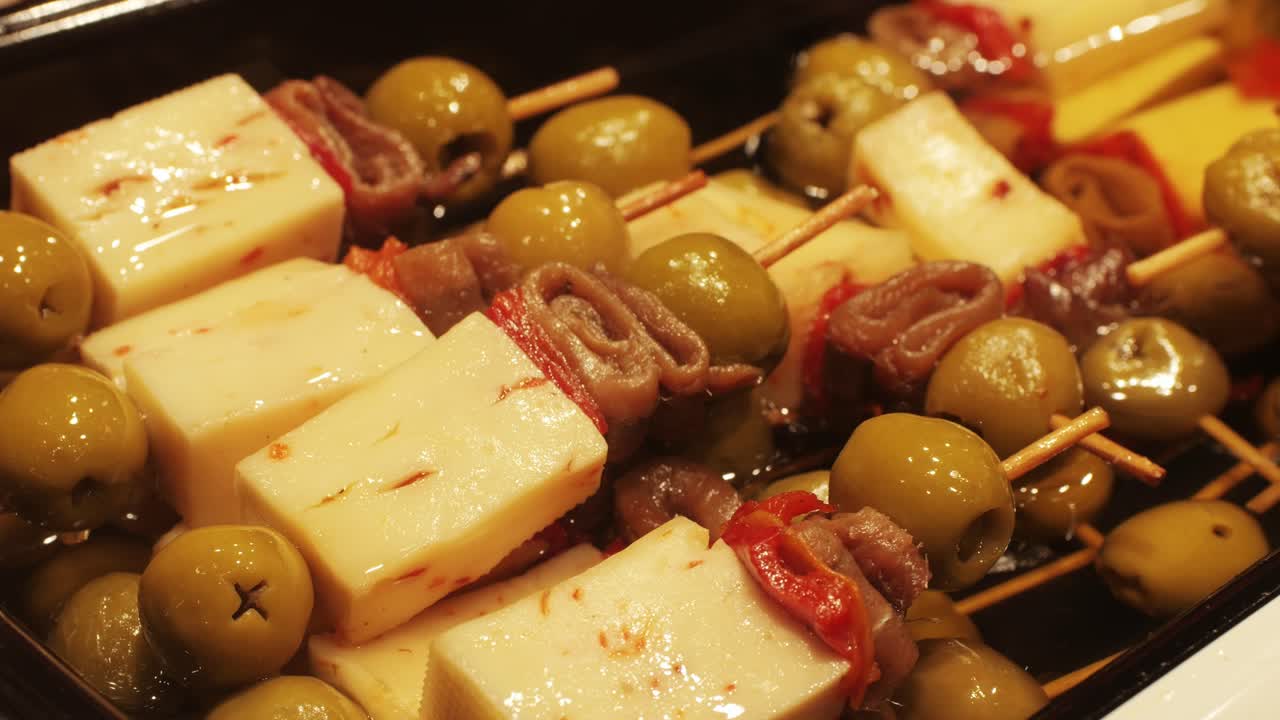 Marinated green olives in spicy sauce, spanish traditional food, ideal for Mediterranean dish or snack, market in barcelona.