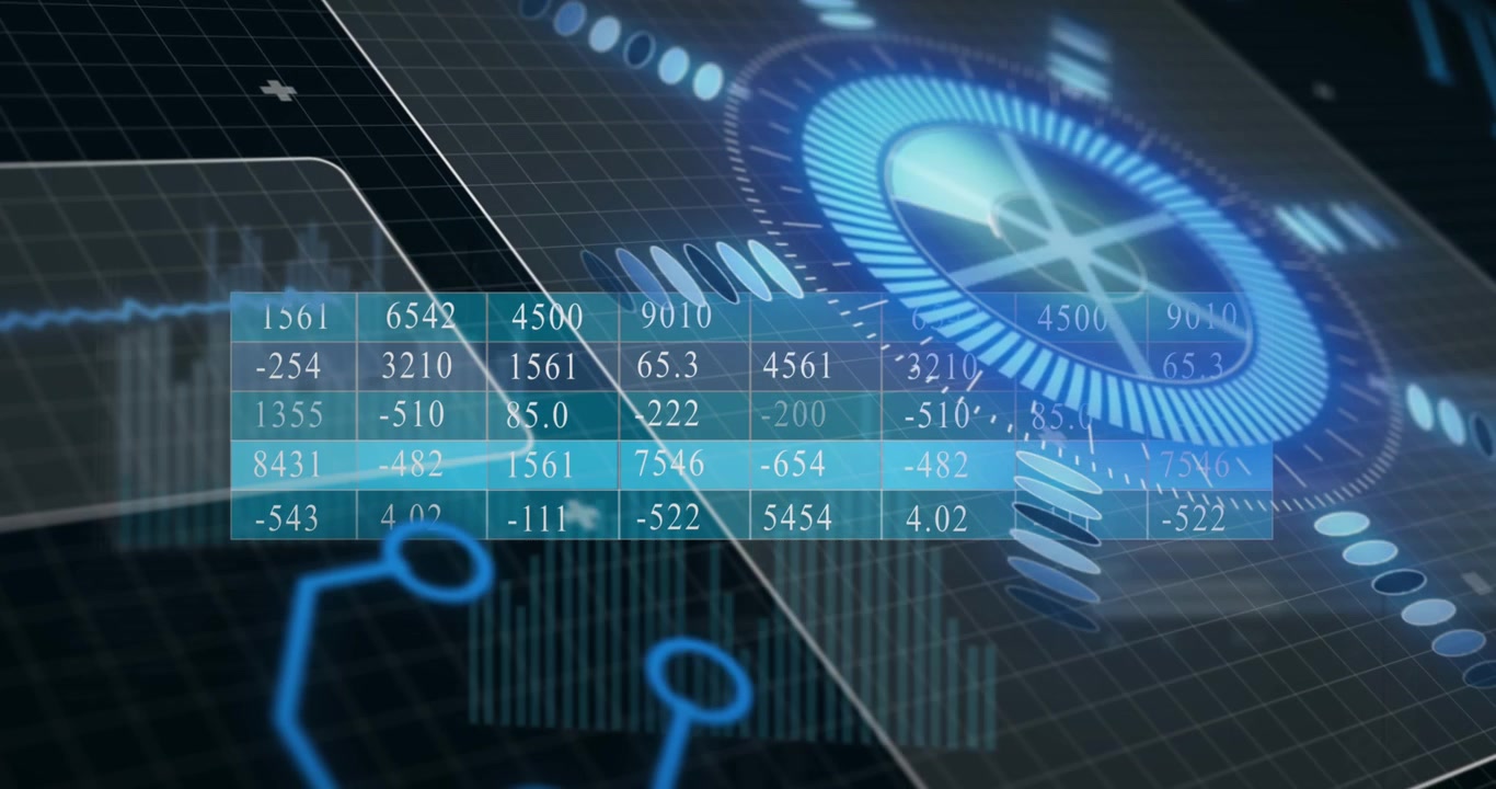 Animation of financial data processing over dark background
