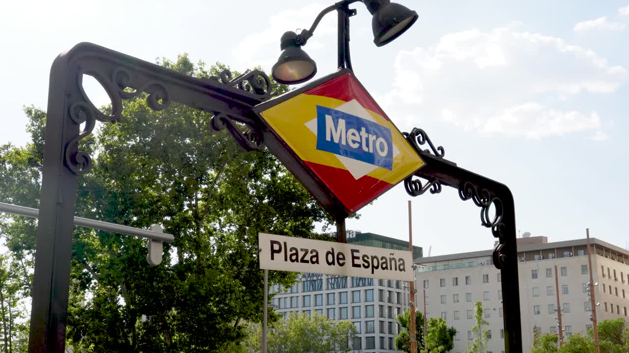 Plaza de España metro station sign with spanish flag in a sunny day in Madrid