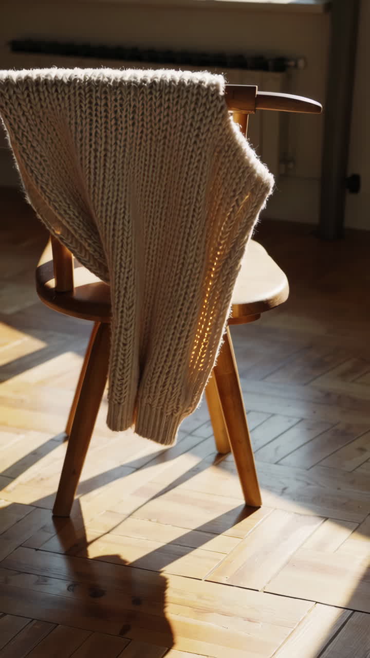 Cozy Knitted Sweater Draped Over a Wooden Chair in Sunlight