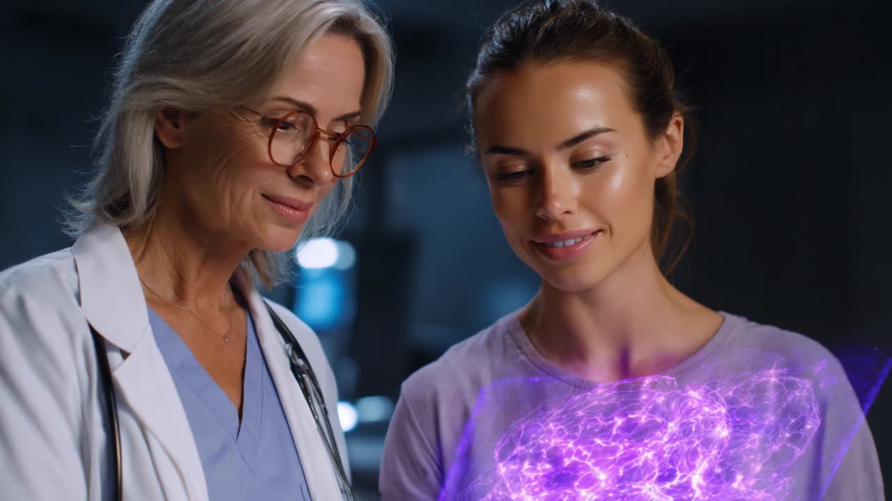 A Captivating Moment of Medical Innovation: A Doctor and Patient Engage in a Pioneering Interaction of Technology and Healing as They Explore Exciting Advancements in Medical Imaging and Treatment Options Together