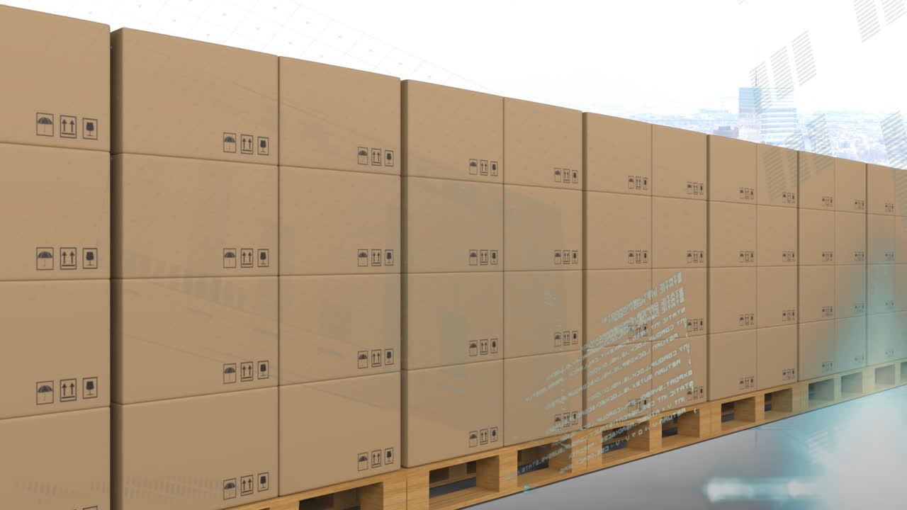 컨베이어 벨트에 있는 카드보드 상자 위에서 통계 처리의 애니메이션