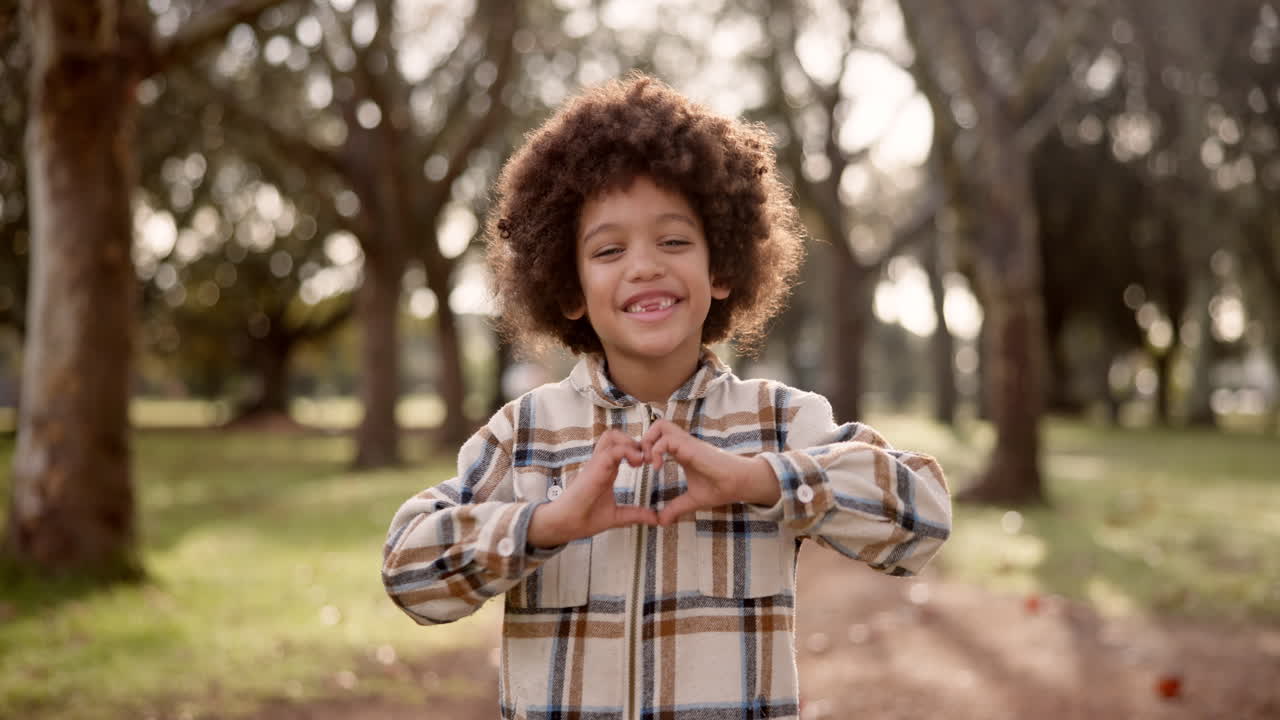 Bambino felice che forma un cuore con le mani al parco