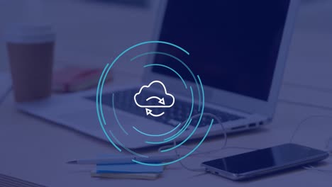 animación del icono de la nube sobre el portátil en la oficina