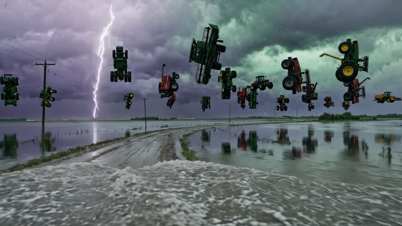 Surreal Scene of Floating Tractors Over a Flooded Rural Road During a Storm