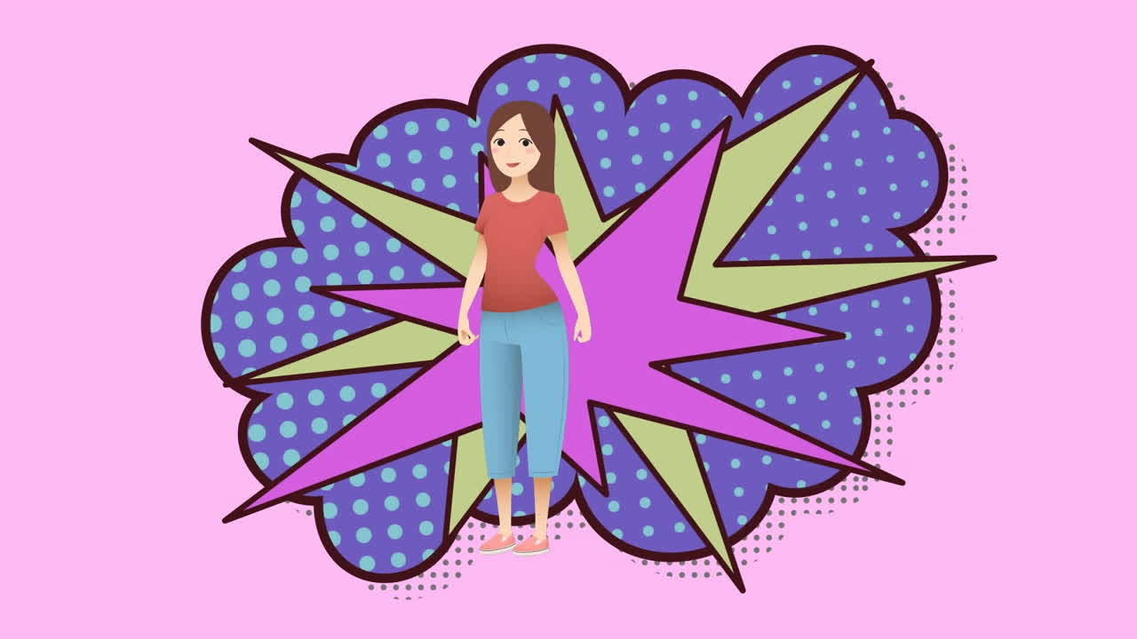 Animazione di illustrazione di donna felice in abiti casual, su esplosione su sfondo rosa
