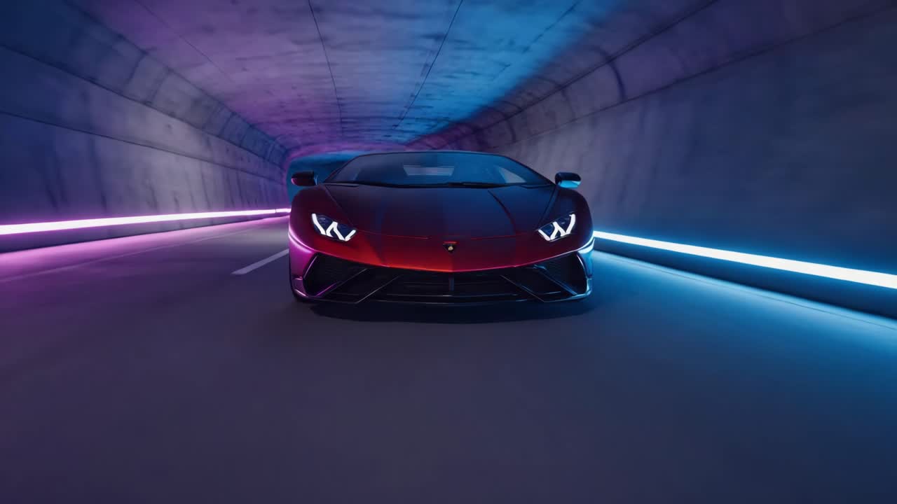 Red Lamborghini Sports Car Driving Through a Neon-Lit Tunnel