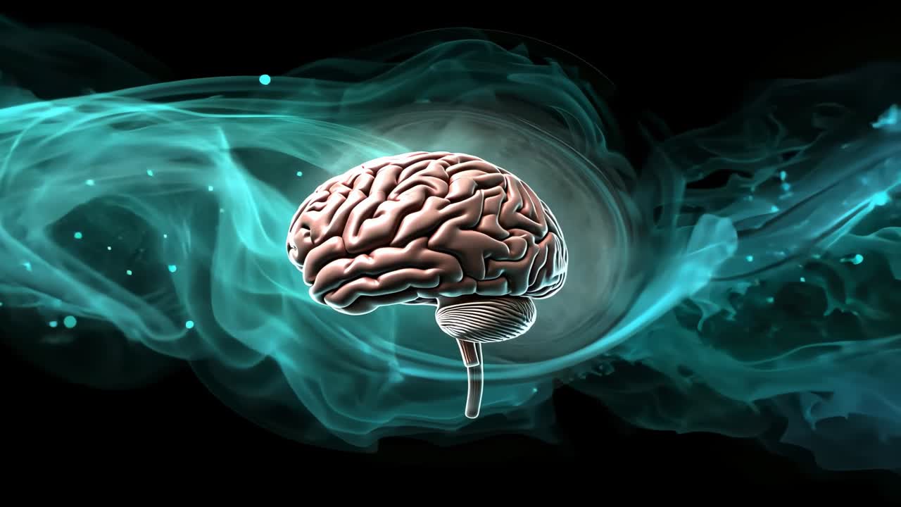 Nebbia color teal che si diffonde attorno al rendering in 3D di un cervello umano che ruota nel vuoto, con particelle luminose