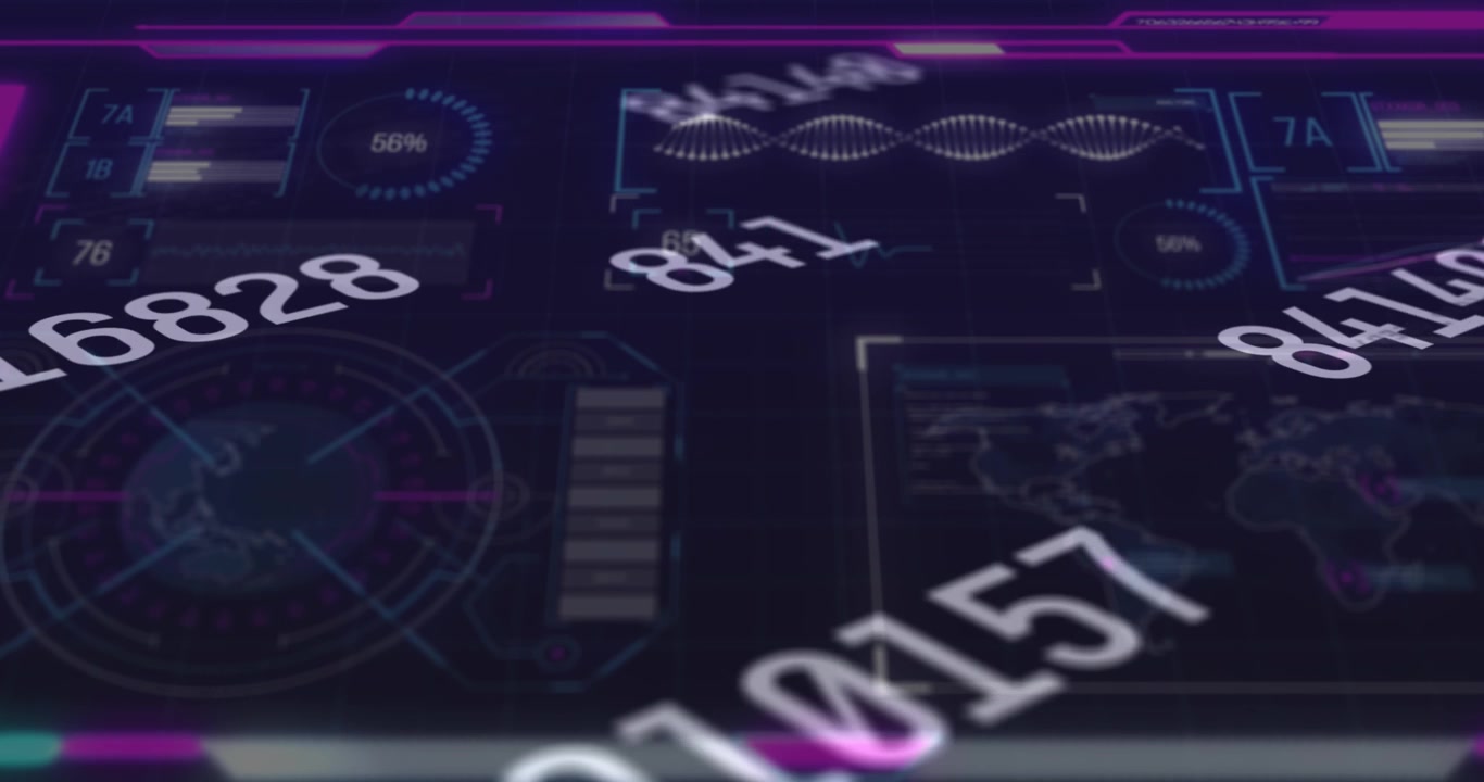 Animation of data processing on moving screens over blue background