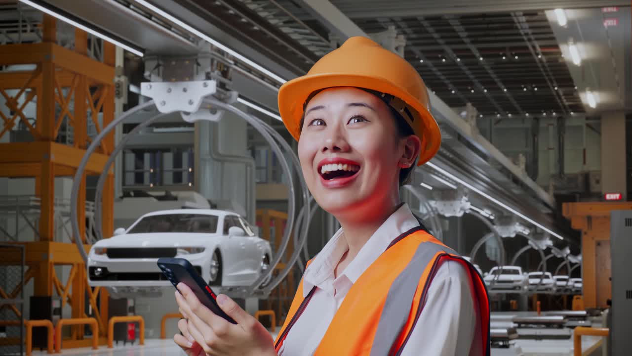 안전 헬을 착용한 아시아 여성 엔지니어가 스마트폰을 사용하고 ev 자동차 공장에서 서서 주변을 둘러보고 있습니다.