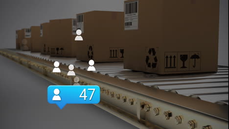 Animation-of-social-media-notification-and-people-icons-over-cardboard-boxes-on-conveyor-belt