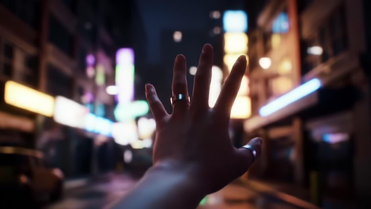 Reaching Out: A Hand Extends Toward a Vibrant Urban Nightscape Filled with Neon Lights and Empty Streets, Capturing a Moment of Longing and Connection