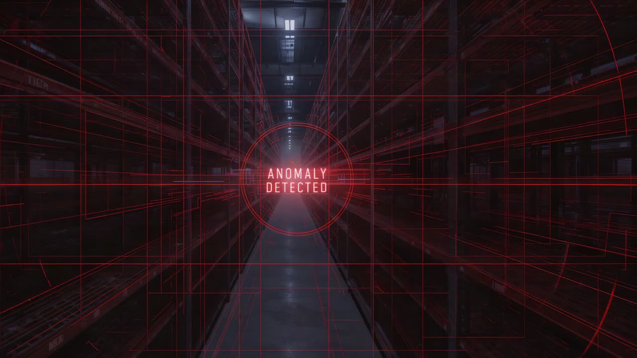 Appearing red detection circle pulsing, locking onto storage aisle, showing ANOMALY DETECTED