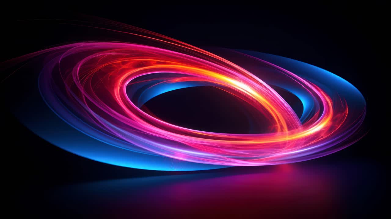 Dynamic swirl of vibrant neon lights in a dark setting, captured from a low angle