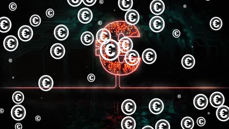 animation of euro symbols over euro icon with computer circuit board on black background