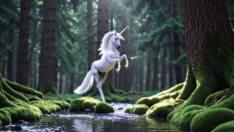white unicorn in a mystical forest stream