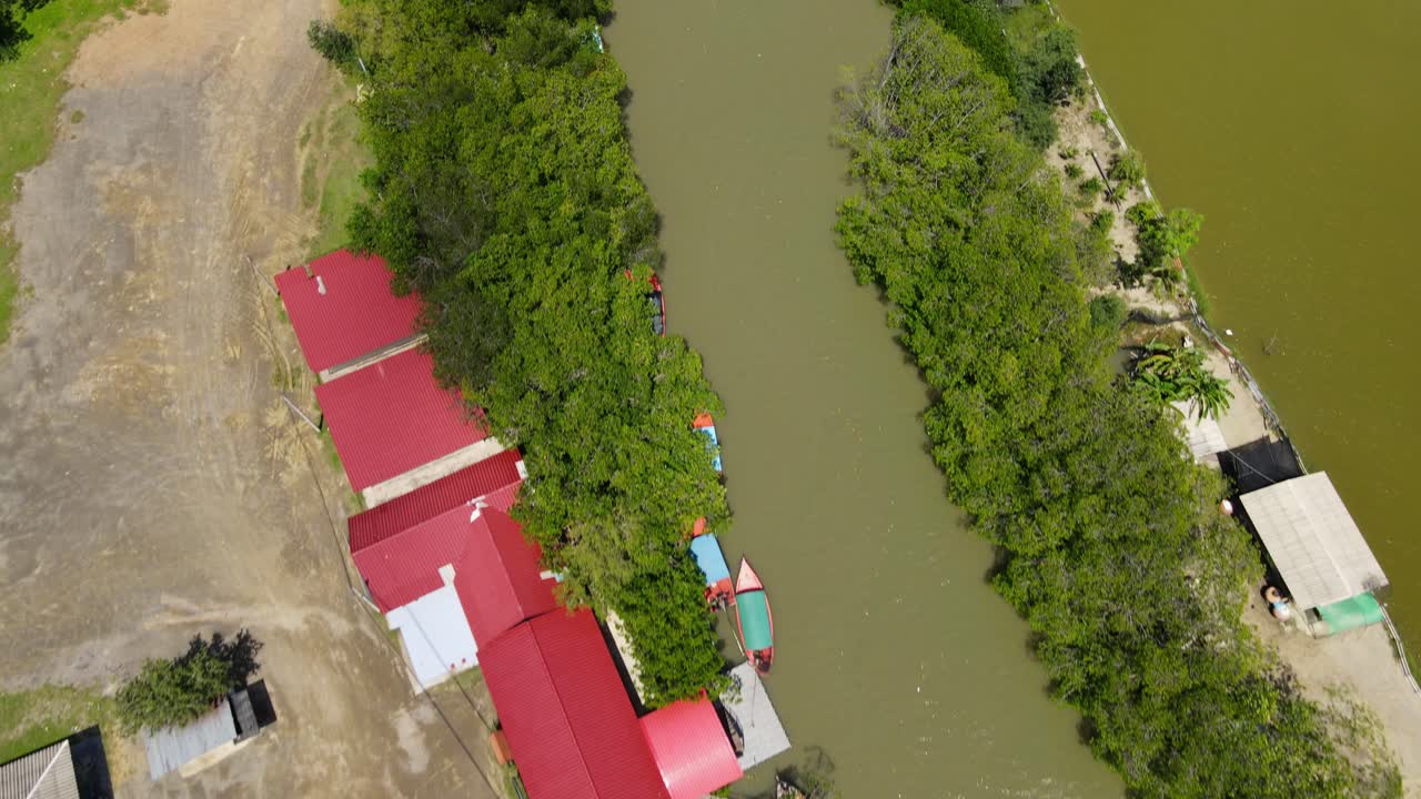 imágenes aéreas inversas que revelan un río y tejados en un servicio de excursiones en barco para turistas