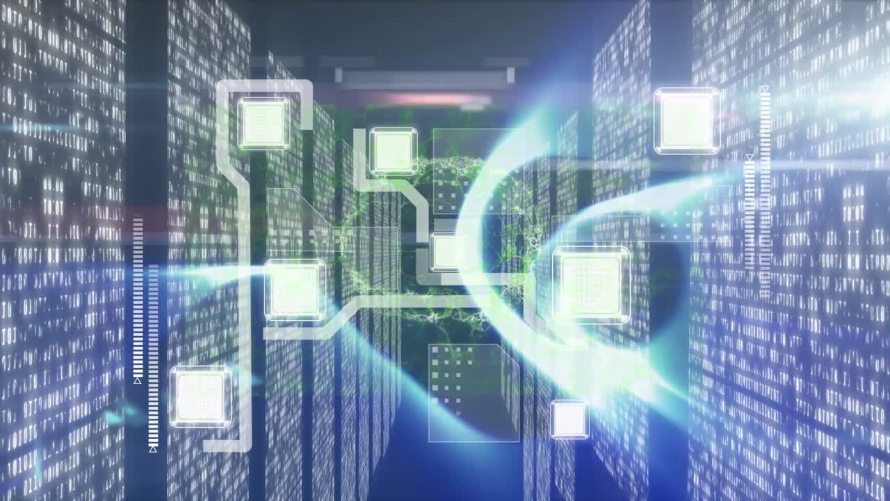 Animation of digital interface over server room