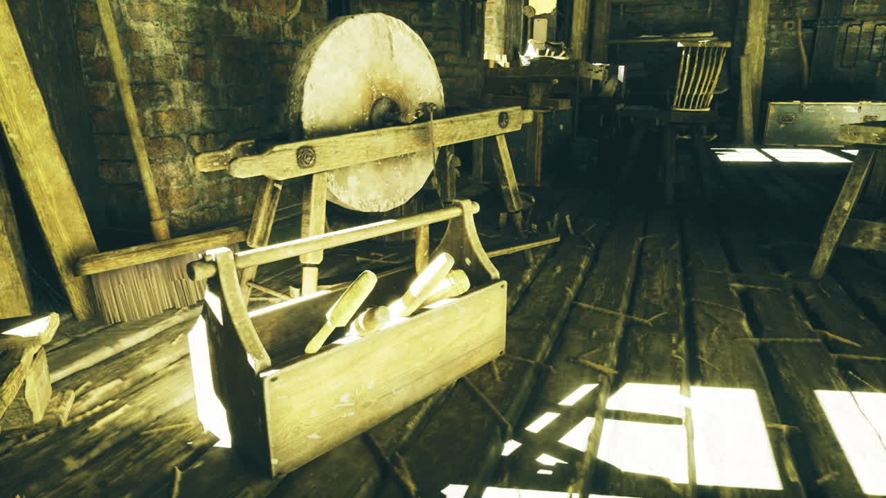 Brightly illuminated corner reveals collection of hand tools on ground