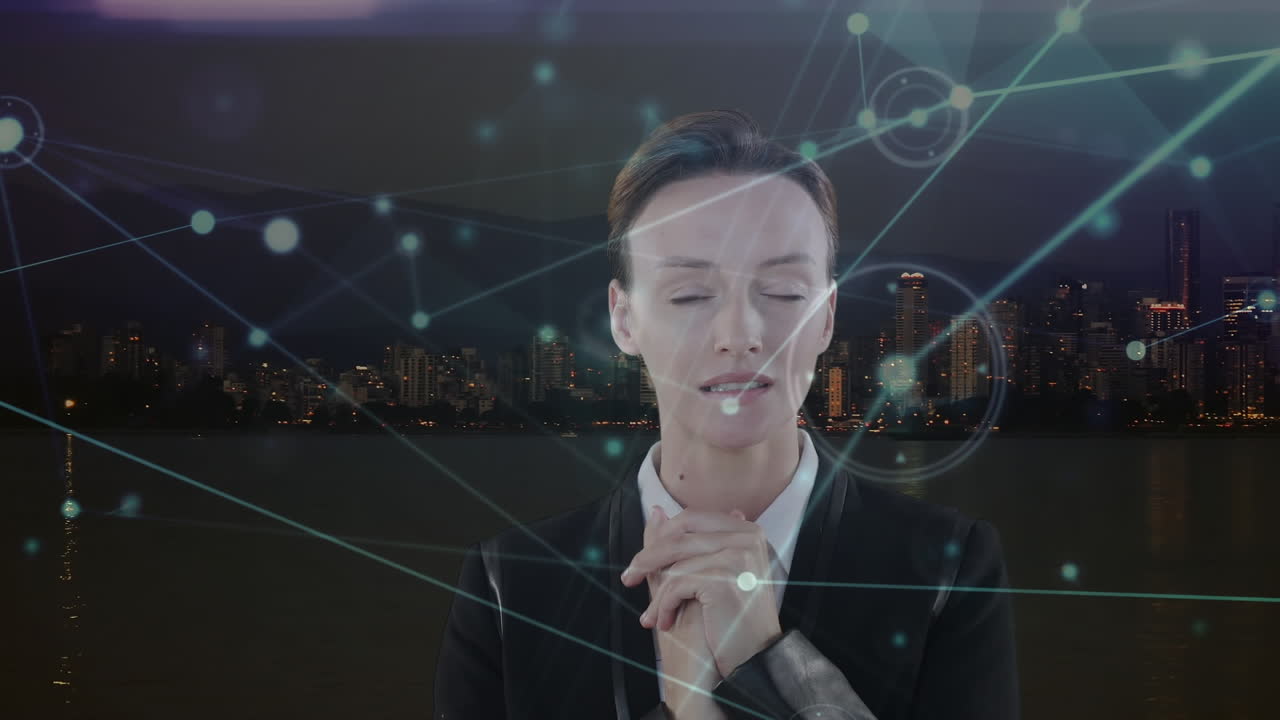 카우카스계 사업가 여성의 애니메이션과 도시 풍경에 대한 연결 네트워크