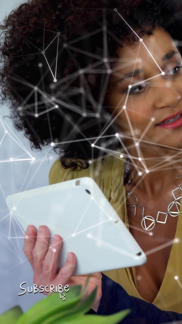 Vertical video: Woman tapping tablet, browsing tech, animated overlay growing, revealing Subscribe