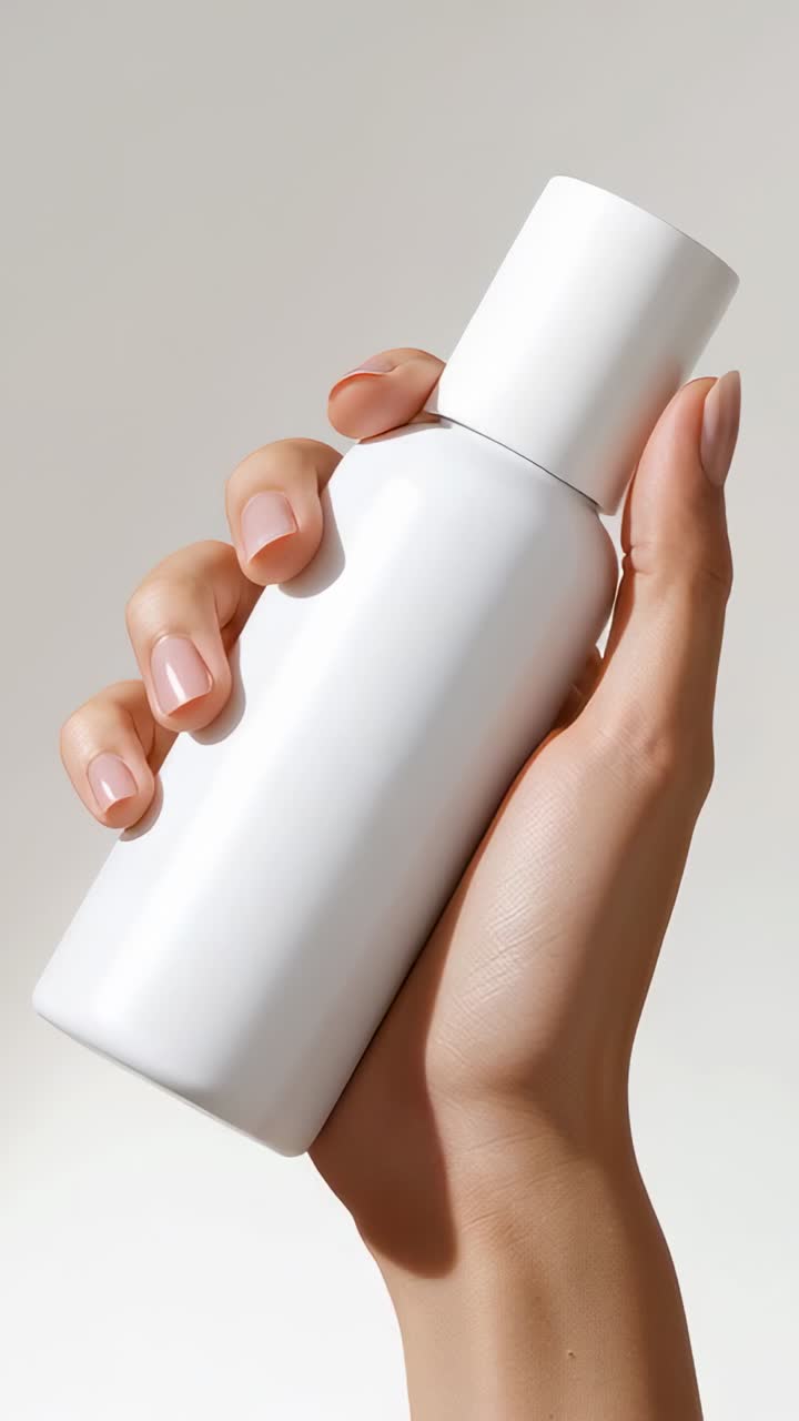 Vertical video: Female hand entering frame, rotating white bottle at backdrop for design showcasing