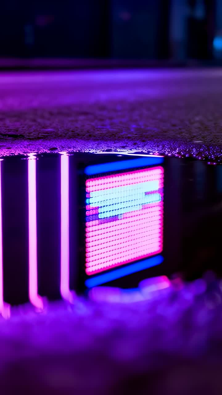 Video verticale: camera in movimento che cattura lo spostamento del pannello LED e delle barre al neon in una pozzanghera su asfalto bagnato