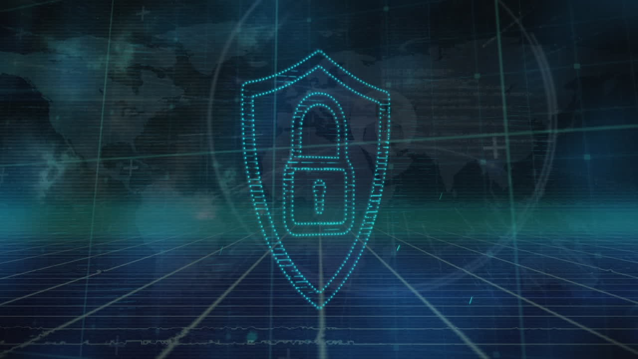 animación de puntos que forman un candado en el escudo sobre el patrón de cuadrícula contra el mapa en el fondo