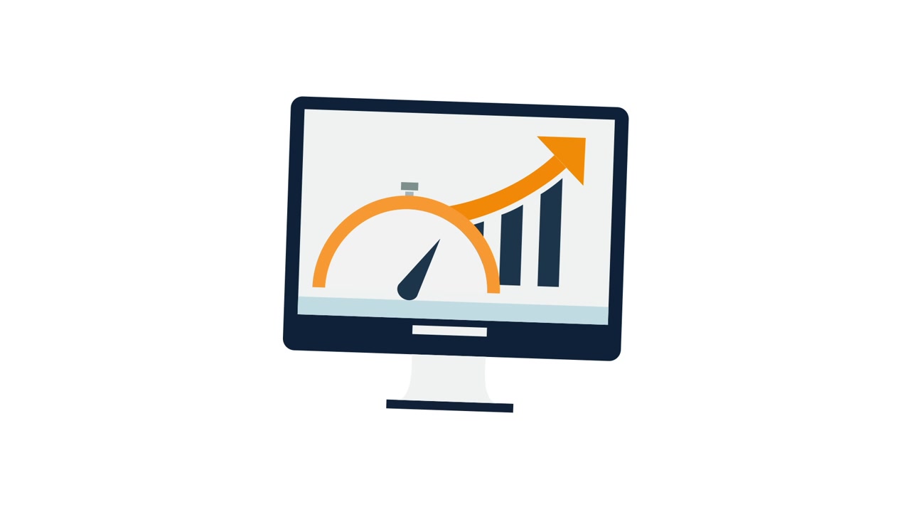 Animated Computer Monitor Displaying Performance Speedometer and Growth Chart
