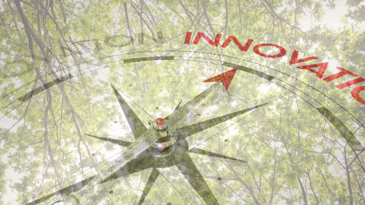 Compass pointing to INNOVATION over tree canopy animation