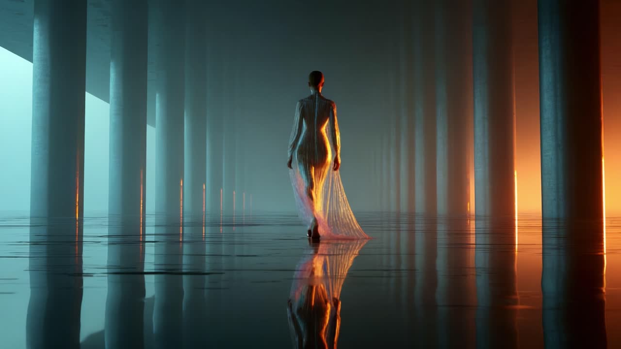 A graceful figure stands poised within an ethereal setting, illuminated by contrasting lights and reflections, revealing a blend of mystery and elegance amidst towering pillars