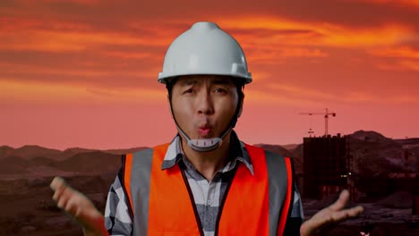 trabajador de la construcción expresando frustración al atardecer