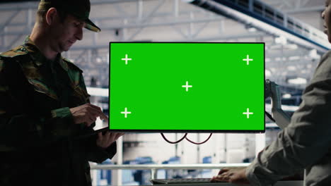 soldier and technician in server hub use green screen computer to manage systems