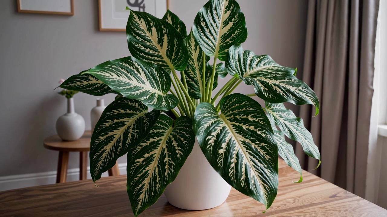 Pianta di Dieffenbachia in vaso bianco su tavolo di legno